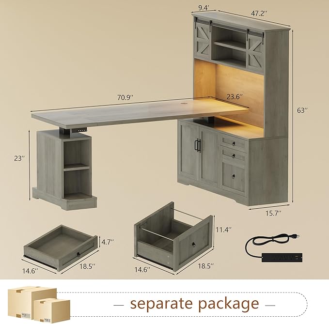 70.86 Farmhouse L Shaped Standing Desk with Hutch Electric Height Adjustable Desk with Storage Corner Computer Desk with File Drawer Power Outlets LED Gaming Desk with Sliding Door Grey