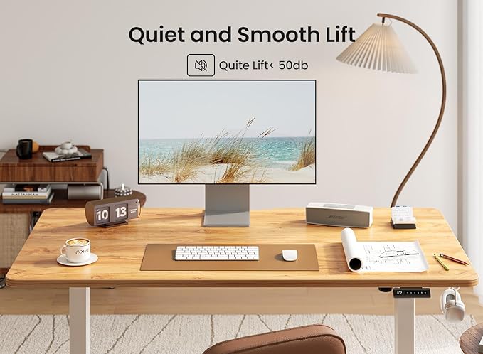 BANTI 55 × 28 Inches Standing Desk Ergonomic Electric Height Adjustable Sit and Stand Up Computer Desk with a Deeper Desktop White Frame/Light Rustic Top