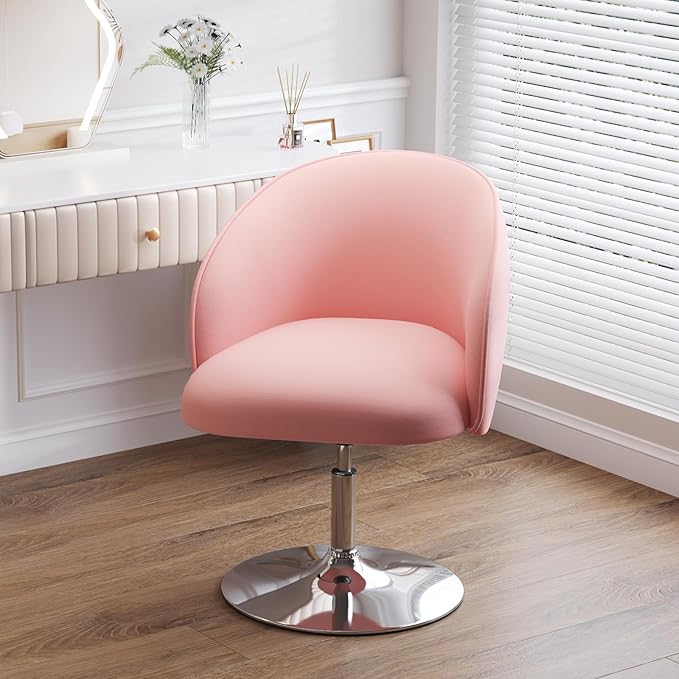 Furniliving Swivel Vanity Stool Contemporary Round Velvet Back Tilt Accent Chairs 360° Makeup Chair with Chrome Frame Height Adjustable Charming Chair Lounge Pub Bar (Pink)