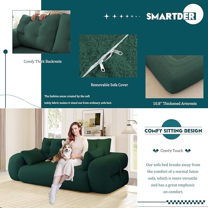 Convertible Sofa Bed with Folding Mattress Oversized Human Dog Bed 3-in-1 Sleeper Couch with Pillows and Thick Armrests 78.7 King Size Floor Sofa for Living Room Bedroom Guest Room Green Teddy