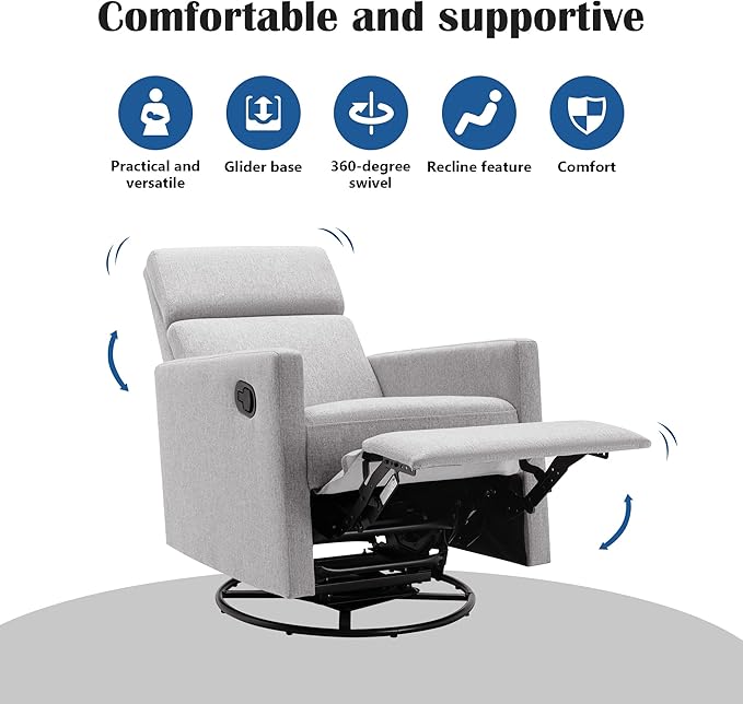 Swivel Rocker Recliner Chair 360 Degree Swivel Nursery Rocking Chair Manual Glider Rocking Recliner Chair for Living Room Bedroom (Grey)