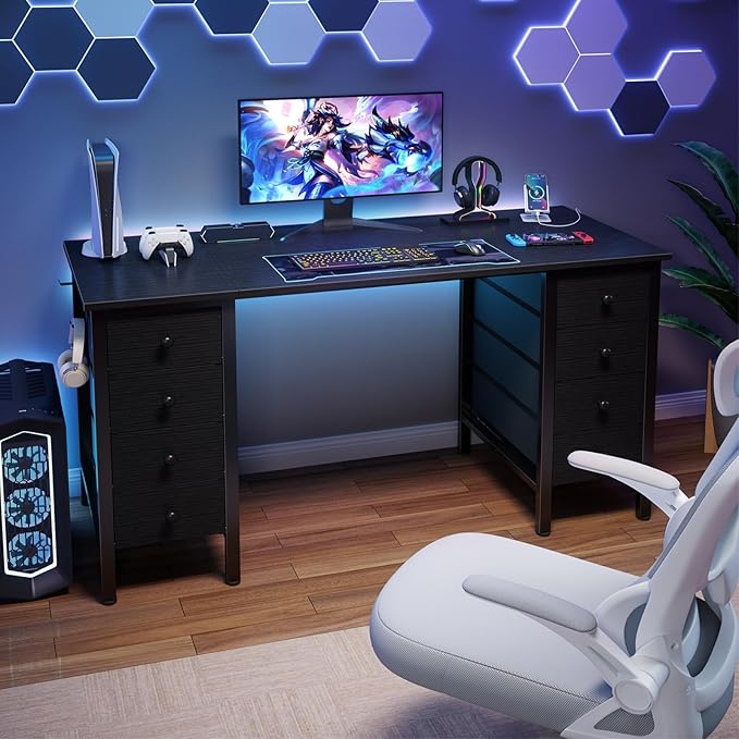 DLisiting Black Gaming Desk with Fabric Drawers on Both Sides 55 Inch Home Office Computer Study Writing Work PC Desk with 8 Storage Drawers Storage for Bedroom