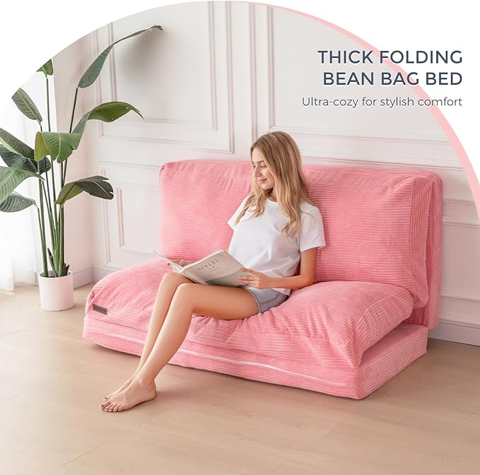 MAXYOYO Folding Sofa Bed Extra Thick and Long Floor Sofa Convertible Sleeper Chair with Washable Cover Floor Couch Lounge Bean Bag Bed for Living Room Pink 54x95 Inch