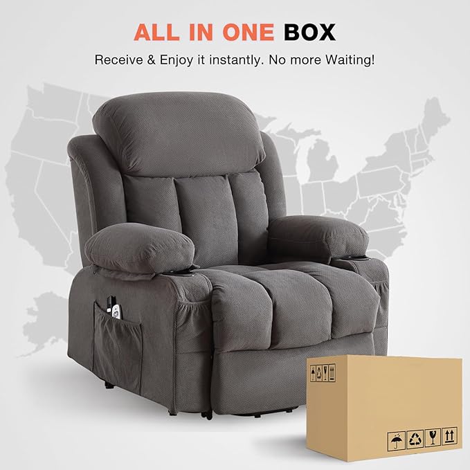 Power Lift Recliner Chair for Elderly with Vibration Massage and Lumbar Heating Electric Lift Recliner Single Sofa with Side Pocket Two Cup Holders and USB Charge Port for Living Room