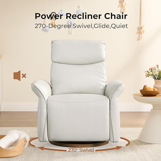 CHITA Genuine Leather Power Recliner Chair Electric Triple-Motor Swivel Glider Nursery Rocking Chair with Adjustable Power Headrest and Lumbar Support GREENGARD Gold Certified Creamy Grey
