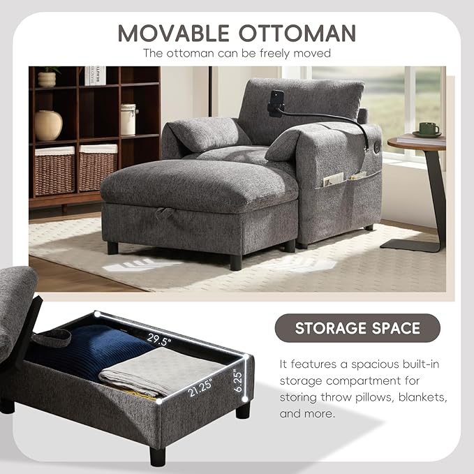 Oversized Accent Chair with Ottoman Chaise Lounge Chair with Phone Holder USB Charger Side Pockets Chenille Reading Armchair for Living Room Bedroom Home Theater (Gray)