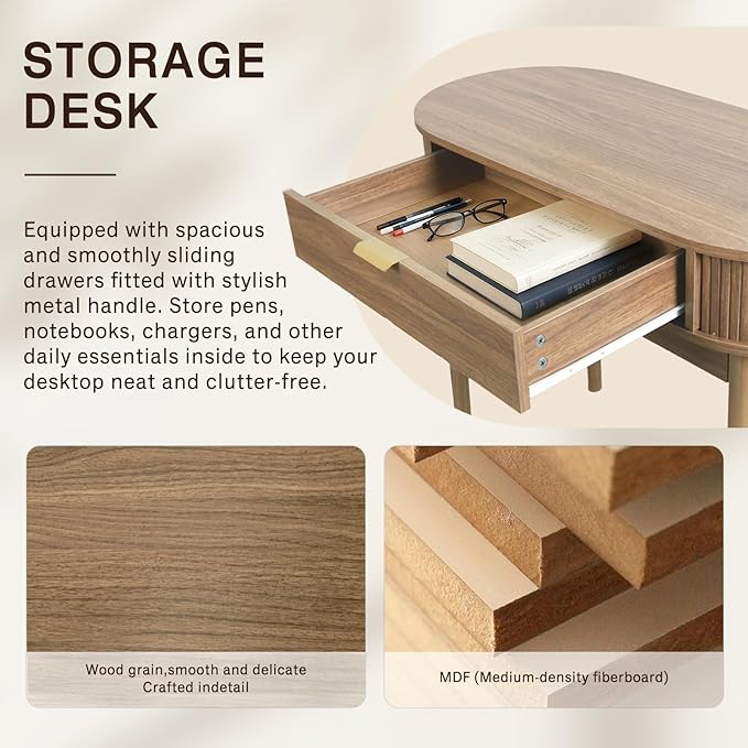 Oval Wood Desk with Drawer39.37 Inch Small Study Work Writing Desk Computer Gaming TableStudent PC Storage MDF Desk for Home Office Bedroom Living Room(Brown)