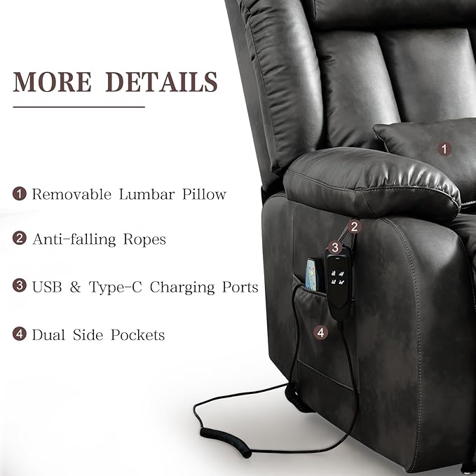 Infinite Position Lay Flat Lift Recliner Chair for Adults Dual Motor Power Lift Chair for Elderly with Massage &amp Heating USB Ports Remote Control &amp Lumbar Pillow Leather (Silver Grey)