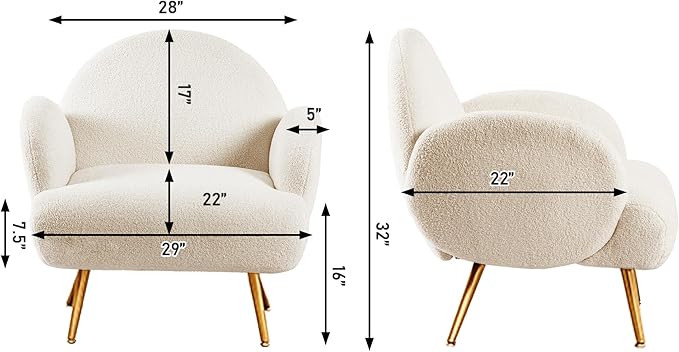 Accent Chair White with Golden Metal LegsReading Chair for Bedroom Comfy Boucle Sherpa Chair for Living Room Bedroom