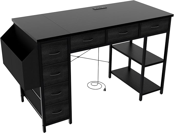 47.3 Computer Desk with 7 Drawers Extra Large Side Pocket and Power Outlets Ideal for Home Office Study or Gaming Black