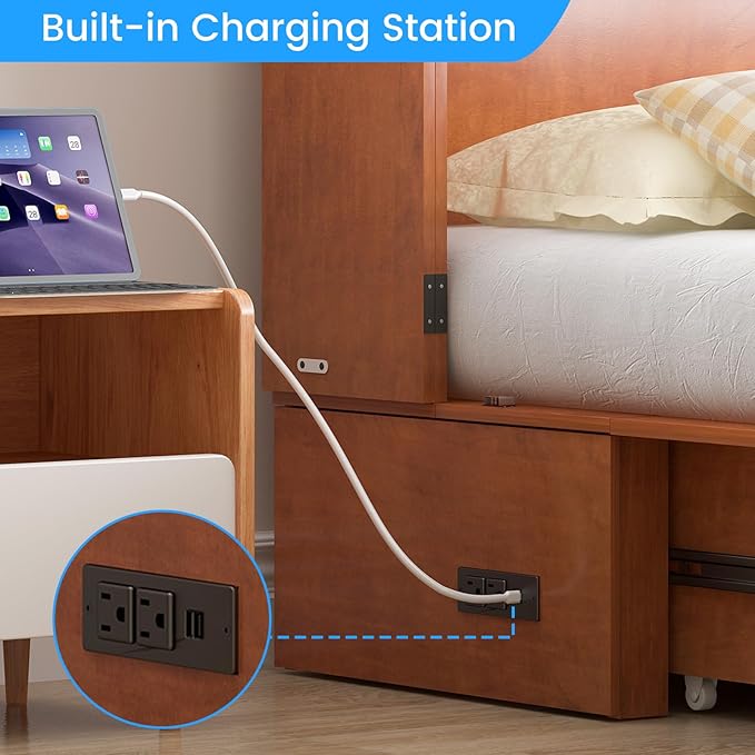 PUREMIND Queen Murphy Bed Frame with Headboard Hideaway Chest Bed Frame Storage Drawers USB Charging Ports- Space Saving Cabinet Chest Beds for Guest Room Bedroom