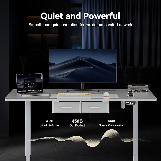 HLDIRECT Electric Standing Desk 47 x 31.5 Inches Height Adjustable Table with Outlets Sit Stand Computer Desk with Drawers for Home Office Ergonomic Rising Workstation White