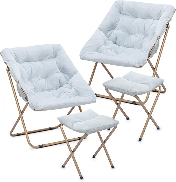 Cozy Saucer Chair Living Room Chair Faux Fur Soft Thick Padded Folding Chair Comfortable Square Moon Chair for Living Room Bedroom Reading Nook Modern Style 2 Pack Light Blue