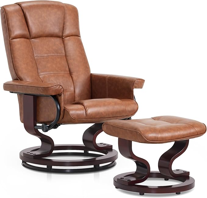 MCombo Manual Swivel Recliner with Ottoman Chair Ottoman Set for RV Small Spaces Living Room Bedroom Office 9019 4919 (Faux Leather Saddle)