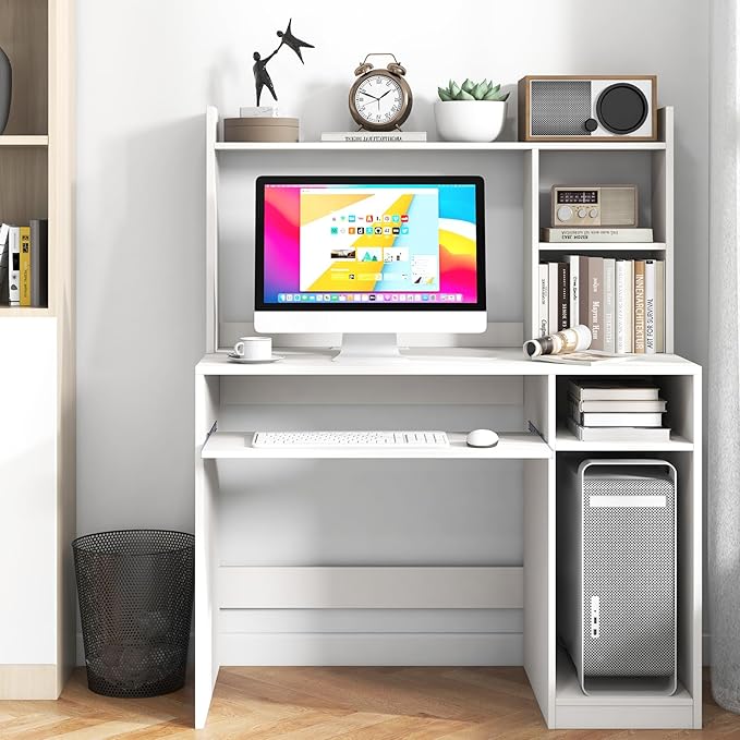 Computer Desk with Power Outlet and Hutch Home Office Workstation with Bookshelf Keyboard Tray &amp CPU Stand Writing Study Table with Storage for Small Space Black/White (White)