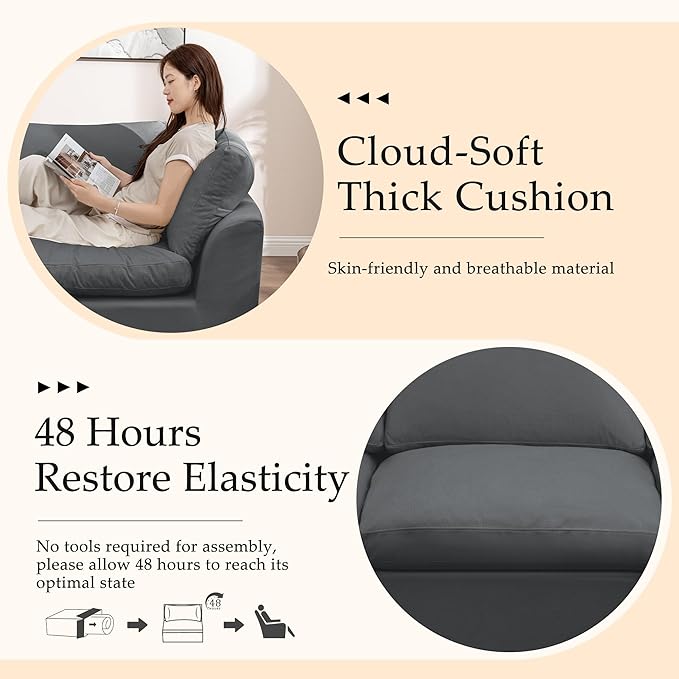 112 Cloud Sectional Couches for Living Room Modern Modular Sectional Sofa with Ottoman Boneless Cloud Couch with Comfy Deep Seats Fluffy Chenille L-Shape Sofa Couch for Living RoomDarkgrey