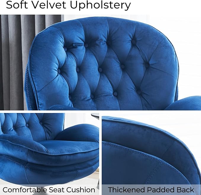 Velvet Swivel Accent Chair with Ottoman Set Modern Tufted Armchair with Footrest for Living Room Reading TV Chair for Adults Comfy Chaise Lounge Chairs with 360 Degree Swiveling for Bedroom Blue