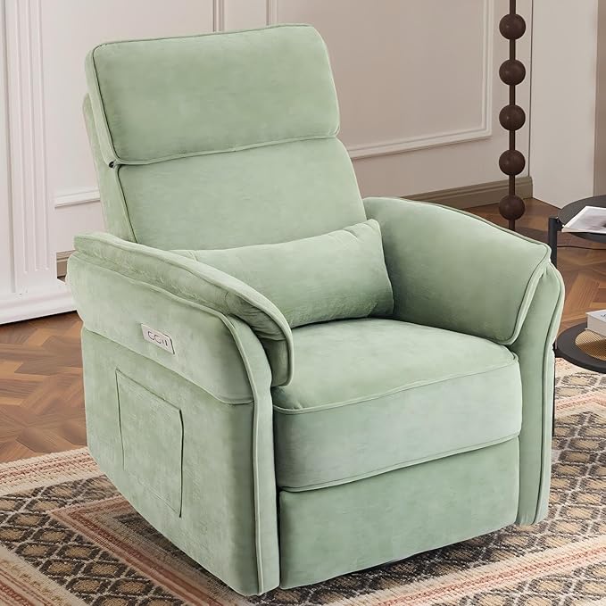 MELLCOM Power Recliner Rocking Chair Nursery Gliders with Adjustable Armrests and Headrest Swivel Electric Glider Reclining Nursing Chair with USB Port and Storage Bags FSC Certified(Fabric Green)