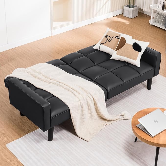 COMHOMA 76 inch Futon Sofa BedMid Century Modern Futon Couch with Adjustable BackrestFabric Convertible Sofa CamaFolding Sleeper Sofa for Living RoomBedroom (Black)