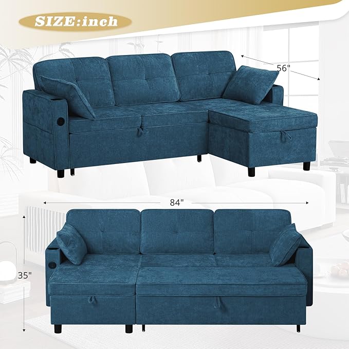 84“ Chenille Sectional Sofa w/Pull-Out Sofa Bed &amp Adjustable Backrest Tufted L-Shaped Couch w/Storage Chaise Sleeper Sofa w/USB Port &amp Cup Holders for Living Room Blue