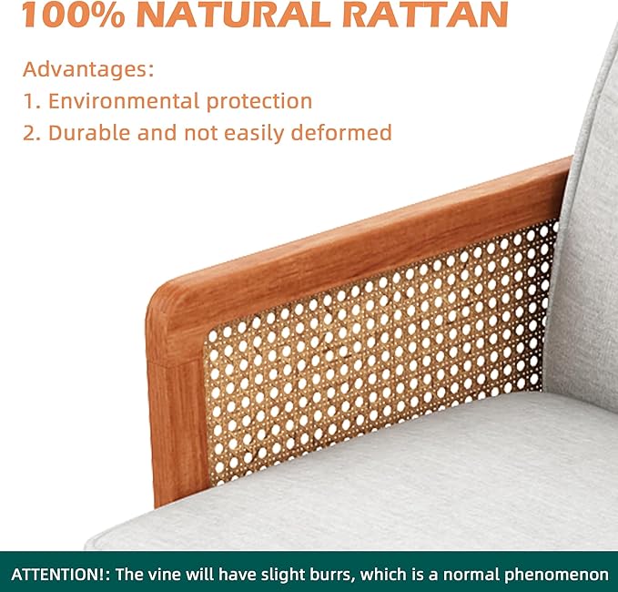 Love Seat Settee Mini Couch Upholstered Sofa with Natural Rattan Armrest Backrest Button Tufted Buckle Couch Banquette Bench Loveseat for Dining Living Room Bedroom Light Grey