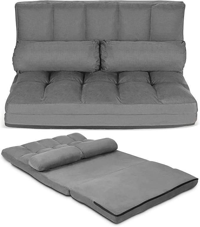 COSTWAY Floor Sofa Couch with 2 Pillows Foldable 6-Position Adjustable Lazy Sofa Bed Sleeper with Metal Frame Soft Suede Fabric Gaming Playing Lounge Recliner for Adults (Grey)