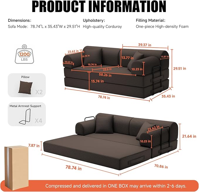 78.8 Boneless Memory Foam Couch Corduroy Convertible Floor Sofa Bed Fold-Out Sleeper Futon Loveseat Wide Armrests &amp Supportive Back 1200 lb Couch in a Box 2 Pillows Brown