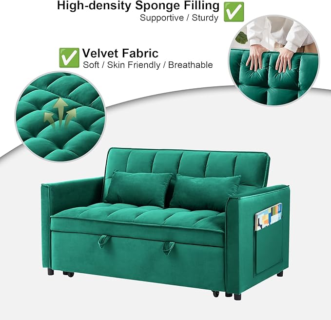 3 in 1 Convertible Sofa Bed Pull Out Couch with Adjustable Backrest Velvet Sleeper Sofa Loveseat with Pillows and Side Pockets for Living Room Bedroom Apartment Green