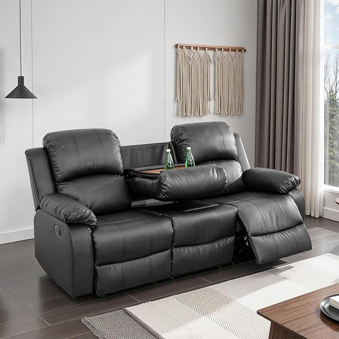 Leather Recliner SofaReclining Sofa for Living Room Furniture SetsBlack Wall Hugger Recliner Couch with Cupholder for Living Room/Office/Theater Seating(3 Seater Sofa)