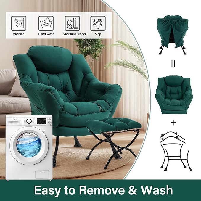 Lazy Chair with Ottoman Large Dark Green Accent Chair with Ottoman Comfy Reading Armchair Leisure Sofa Chair for Living Room Bedroom Dorm Room Office