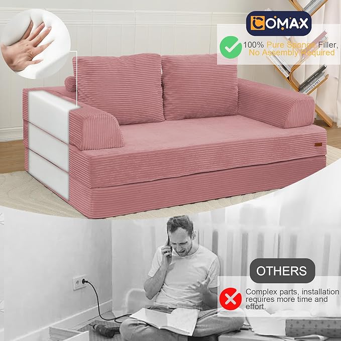 COMAX Futon Sofa Bed Convertible Folding Sofa Bed Boneless Couch Loveseat Corduroy with Pillows Small Foldable Floor Couch Comfy Lounge Sleeper for Living Room Bedroom Pink