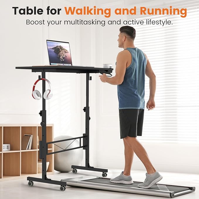 Hadulcet Small Standing Desk Adjustable Height Mobile Stand Up Desk with Wheels Portable Walking Pad Table Stand Rolling Laptop Cart for Standing or Sitting Black