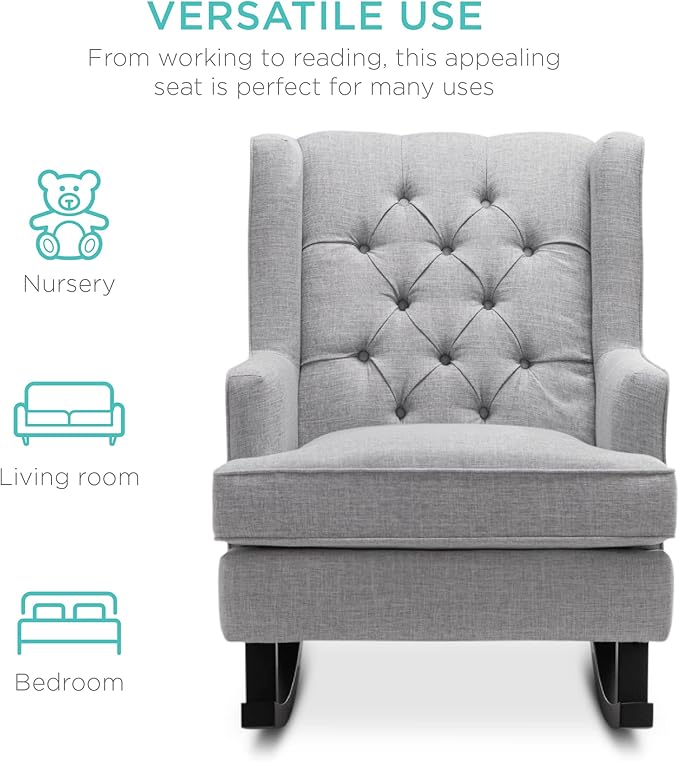 Best Choice Products Rocking Accent Chair Tufted Upholstered Luxury Velvet Wingback for Nursery Living Room Bedroom w/Wood Frame - Gray