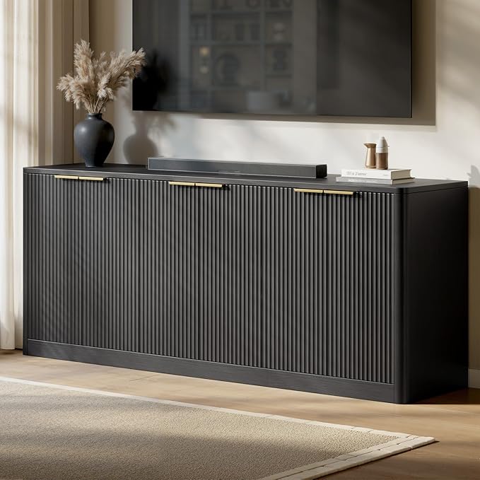 Evermagin 67 Black Fluted TV Stand for TVs up tp 75 Mid-Century Modern Entertainment Center with Storage Cabinets and Fluted Doors Wood Media TV Consoles for Living Room and Bedroom Furniture
