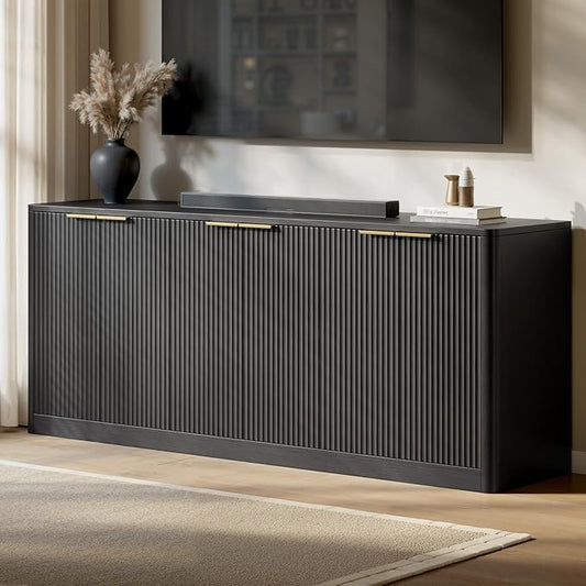 Evermagin 67 Black Fluted TV Stand for TVs up tp 75 Mid-Century Modern Entertainment Center with Storage Cabinets and Fluted Doors Wood Media TV Consoles for Living Room and Bedroom Furniture