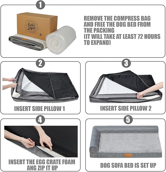 Patas Lague Orthopedic XL Dog Bed Large Sized Dog 42''X28'' Waterproof L Bolster Big Pet Sofa Beds with Removable Washable Cover Soft Comfortable Pet Couch Crate Mat with Nonskid Bottom Purple