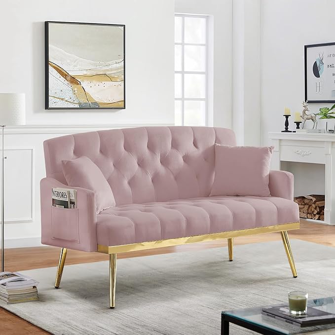 Small Velvet Loveseat Sofa 55.5-inch Modern Sofa Couch with with 2 Side Pockets Modern Tufted Sofas with Golden Metal Legs Upholstered Space Saving Love Seat for Living Room Bedroom Office Pink