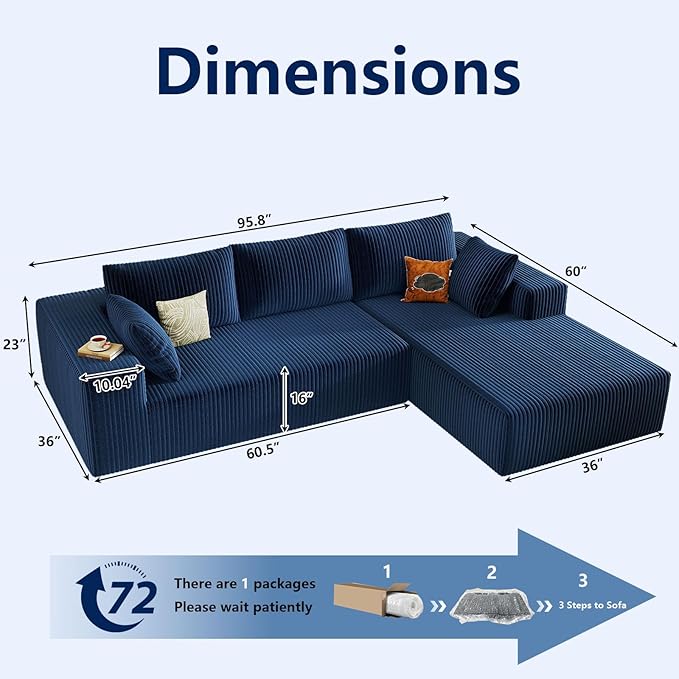 96 Modular Sectional Sofa Modern Corduroy Cloud Couch with Deep Seat Boneless Couch Upholstered 3-Seater L-Shaped Sofa for Living Room No Assembly Required (Blue Right-Facing Chaise)