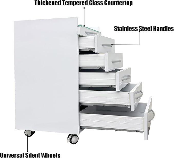 5 Drawers Mobile Office File Storage Cabinet Stainless Steel Dental Medical Assistant Cabinet Utility Cart Glass Countertop with Lock and Wheels and Storage Tray for Office Hospital White