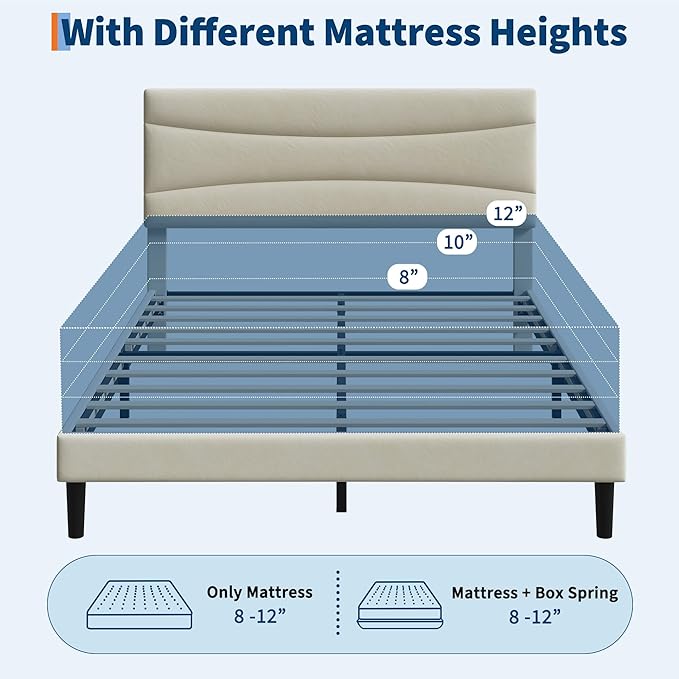 GarveeHome Queen Bed Frame with Headboard Upholstered Platform Bed Frame Queen Size with Sturdy Wood Slats Support No Box Spring Needed Easy Assembly Noise Free Beige Velvet