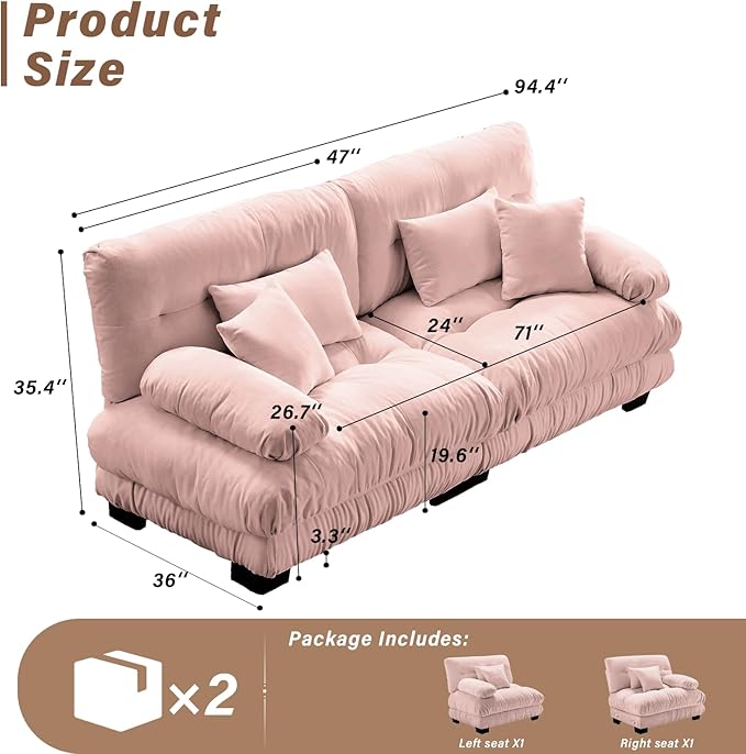 94.4 Oversized Modular Sectional Sofa 2-Seater Loveseat Cloud Couch with Pillows and Overthick Cushion for Living Room Home Theater ApartmentChenille Fabric(Pink)