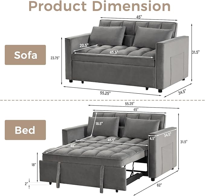 ANJ 3 in 1 Convertible Sofa Bed Pull Out Futon Loveseat Sleeper Sofa Couch with Adjustable Backrest Storage Pockets 2 Pillows for Living Room Bedroom