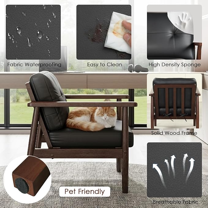 STHOUYN Mid Century Modern Chair PU Leather Accent Chair with Wood Arms Living Room Chairs Reading Armchair for Bedroom Waiting Room Office