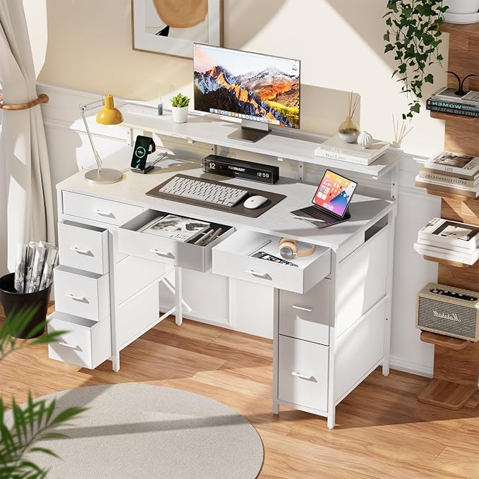HLDIRECT 47 inch Computer Desk with 8 Storage Drawers Gaming Desk with LED Lights &amp USB Power Outlets Home Office Table with Monitor Stand Study Writing Work Table for Bedroom White