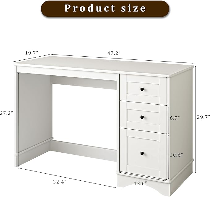 48”White Computer Desk with 3 Drawers Modern Office Desk with Storage Small Writing Desk for Bedroom Living Room Office