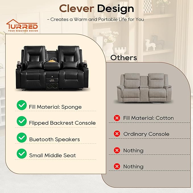 URRED Manual Reclining Loveseat Sofa with Console Double Recliner RV Couch with Bluetooth Speakers USB &amp Power Outlet Cup Holders Pillow and Side Pocket for Home Theater Faux Leather Black