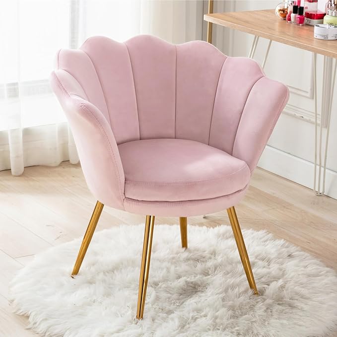 chairus Light Pink Makeup Vanity Chair with Back Modern Velvet Upholstered Small Accent Chair with Gold Metal Legs Cute Shell Shaped Vanity Stool Desk Chair for Living Room Bedroom Dressing Room