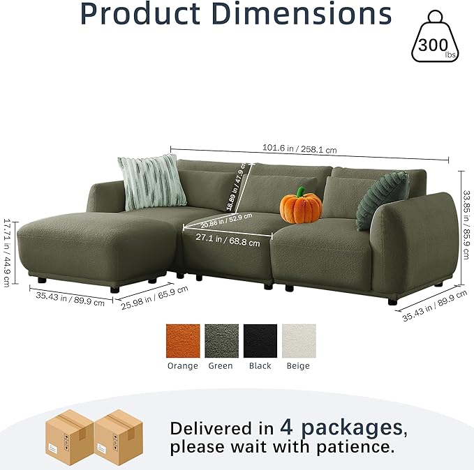 Sectional Sofa Couch Modern U Shaped Sectional Couch with Ottoman Modular Sectional Sofa Cloud Couches for Living Room (Green 3 Set + 1 Ottoman)