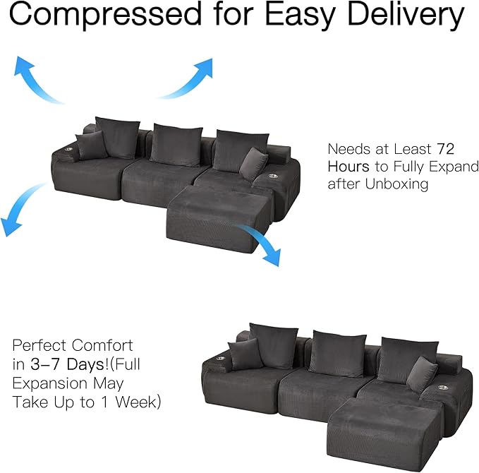 HOMREST 118 L-Shaped Modular Sectional Sofa for Living Room Corduroy Upholstery Cloud Sofa with Movable Ottoman Oversized Boneless Couch with Deep Seat No Assembly Required (Charcoal Blue)