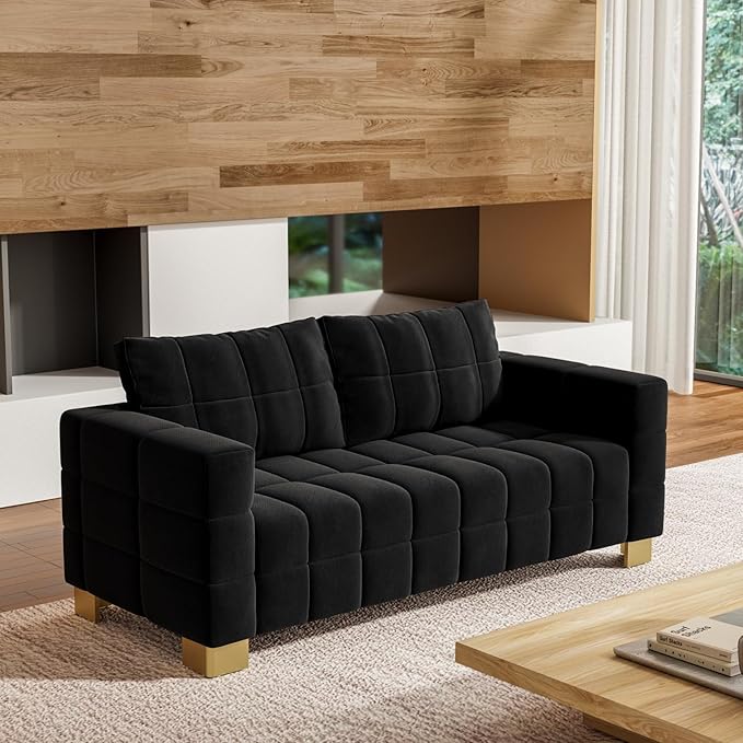 81.89 Sofa Comfy 3 Seat Sofa Tufted Chenille Upholstered Sofa Couch for Living Room with Gold Metal Legs and 2 Throw Pillows (Black+1.5S)